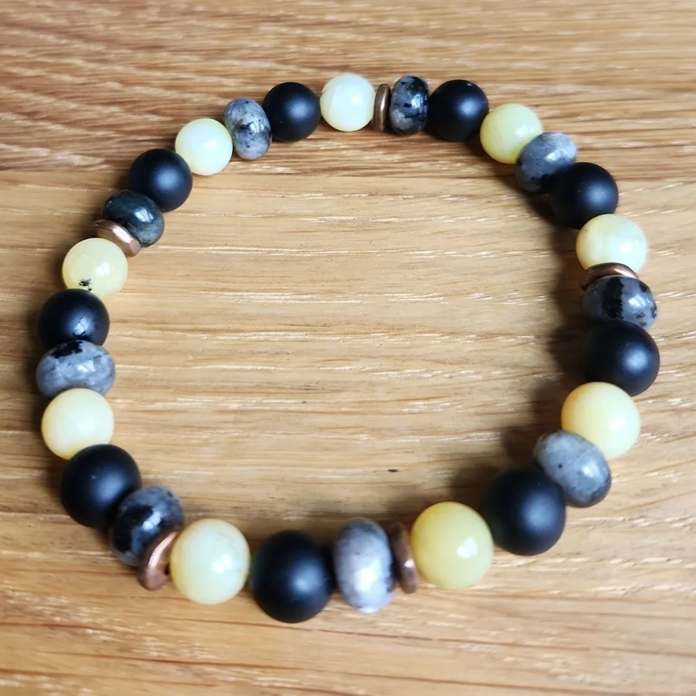 Yellow Opal, Black Onyx & Gray Larvikite Beads Stretch Bracelet, Hand Crafted - Picture 8 of 11